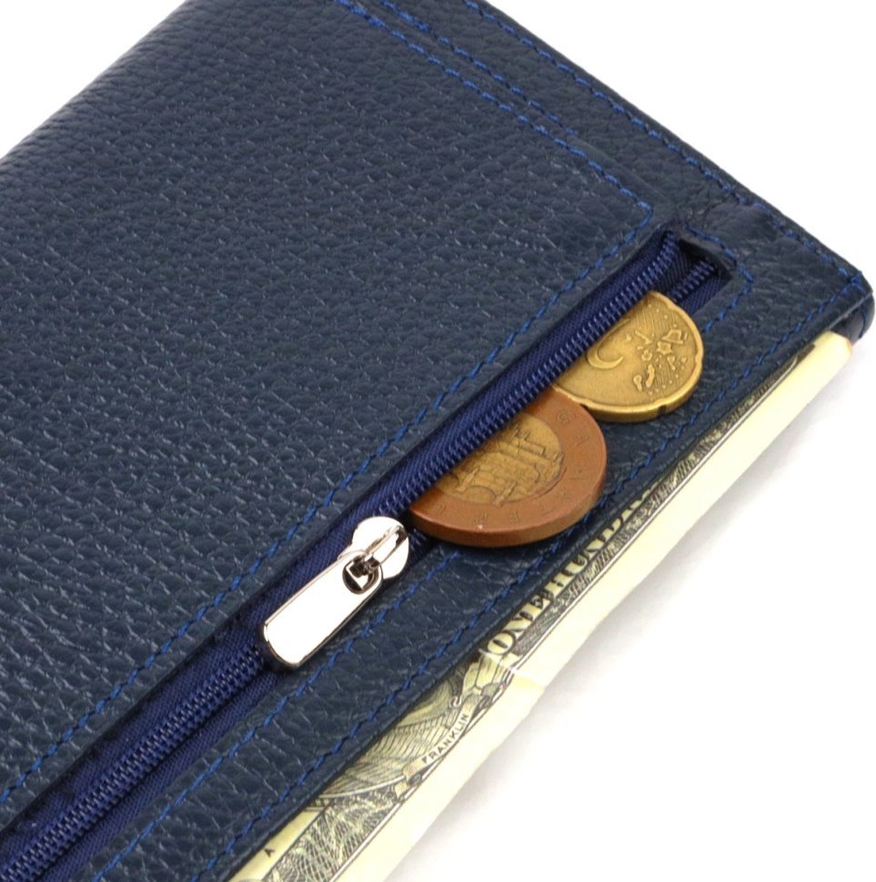 Довгий жіночий гаманець із натуральної шкіри синього кольору з клапаном на кнопці CANPELLINI (2421830)