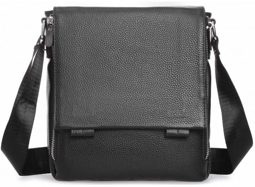Черная мужская сумка-мессенджер из натуральной кожи с фиксацией на клапан Tiding Bag (15836)