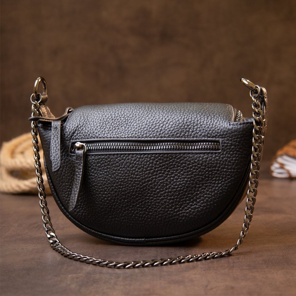 Чорна сумка з натуральної шкіри з ланцюжком на плече Vintage (20409)