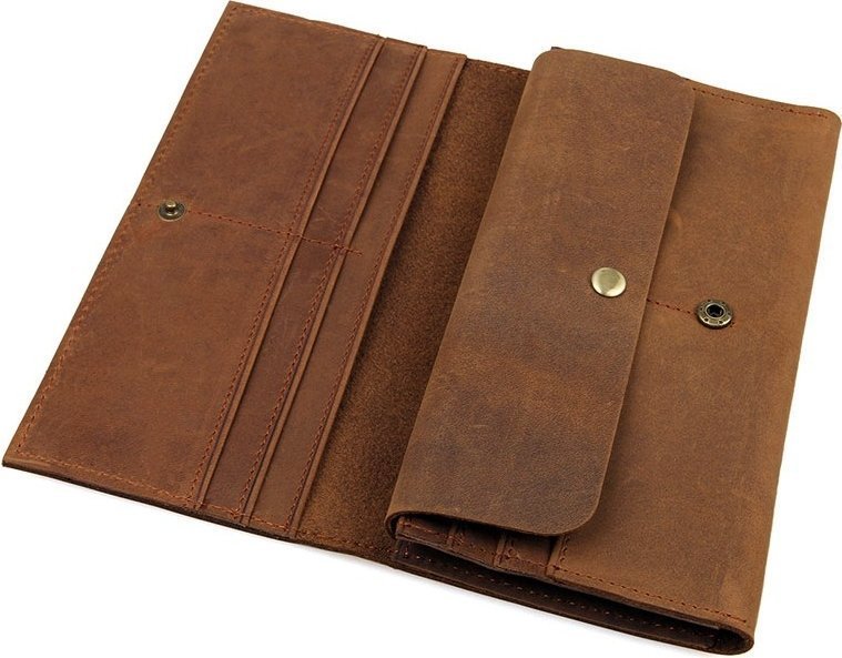 Коричневі довгі гаманець з вінтажній шкіри на кнопці Vintage (14406)