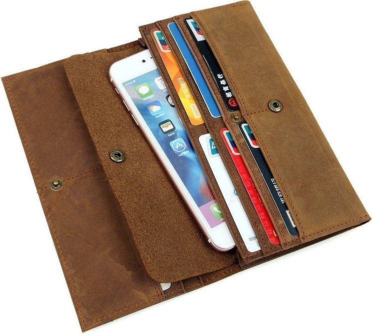 Коричневый длинный кошелек из винтажной кожи на кнопке Vintage (14406) 