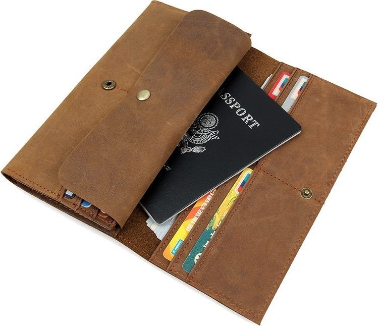 Коричневі довгі гаманець з вінтажній шкіри на кнопці Vintage (14406)