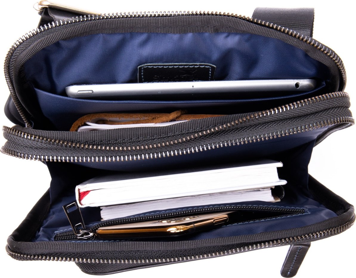 Мужская черная сумка-планшет с накладным карманом на молнии в гладкой коже SHVIGEL (11281)