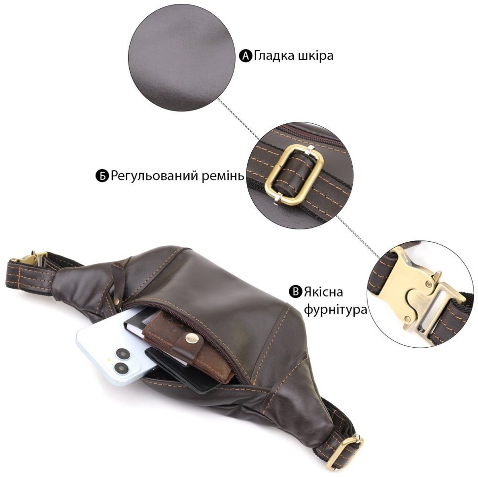Классическая мужская сумка на пояс из натуральной гладкой кожи коричневого цвета Shvigel 95094 modnotak фото №4