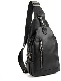 Большая мужская сумка-слинг из натуральной кожи черного цвета TIDING BAG 77494