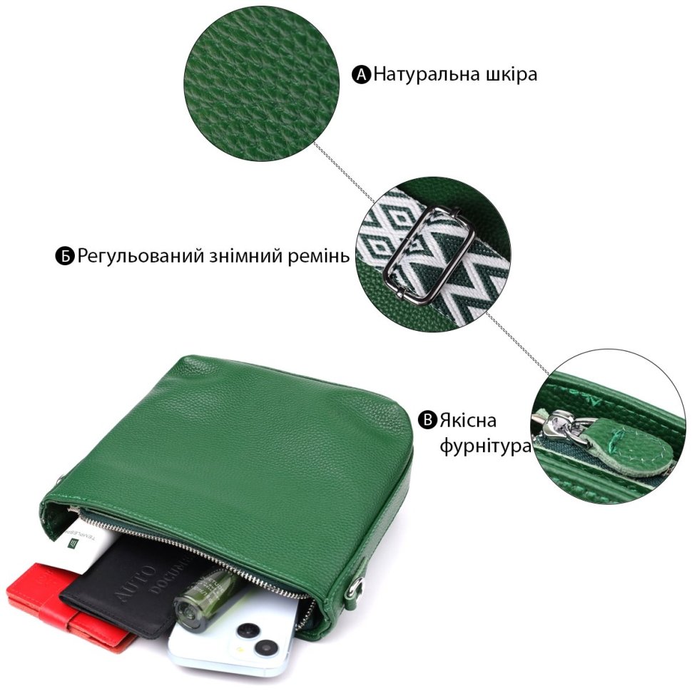 Повседневная женская сумка из фактурной кожи с текстильным плечевым ремнем Vintage 98194 зеленого цвета modnotak фото №4