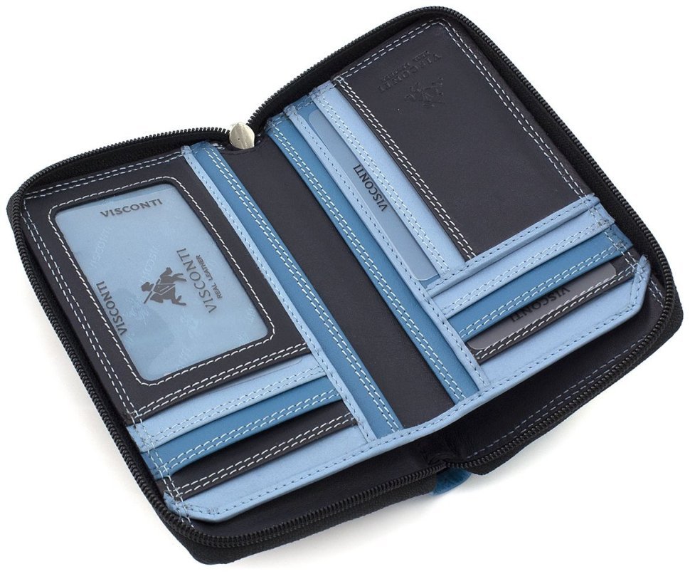 Вертикальний жіночий гаманець із натуральної шкіри синього кольору на блискавці Visconti Aruba 69294