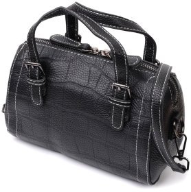 Компактная женская сумка из натуральной кожи черного цвета с белыми строчками Vintage 2422358