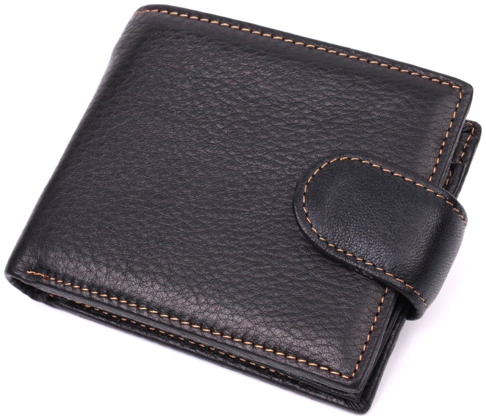 Компактне класичне чоловіче шкіряне портмоне чорного кольору на кнопці Vintage Style 91395 modnotak фото №1