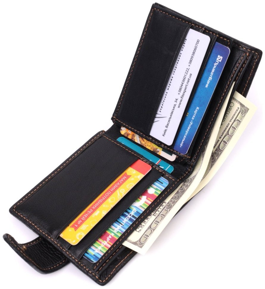 Компактне класичне чоловіче шкіряне портмоне чорного кольору на кнопці Vintage Style 91395 modnotak фото №5