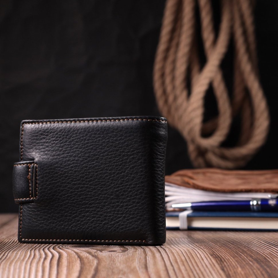 Компактне класичне чоловіче шкіряне портмоне чорного кольору на кнопці Vintage Style 91395 modnotak фото №7