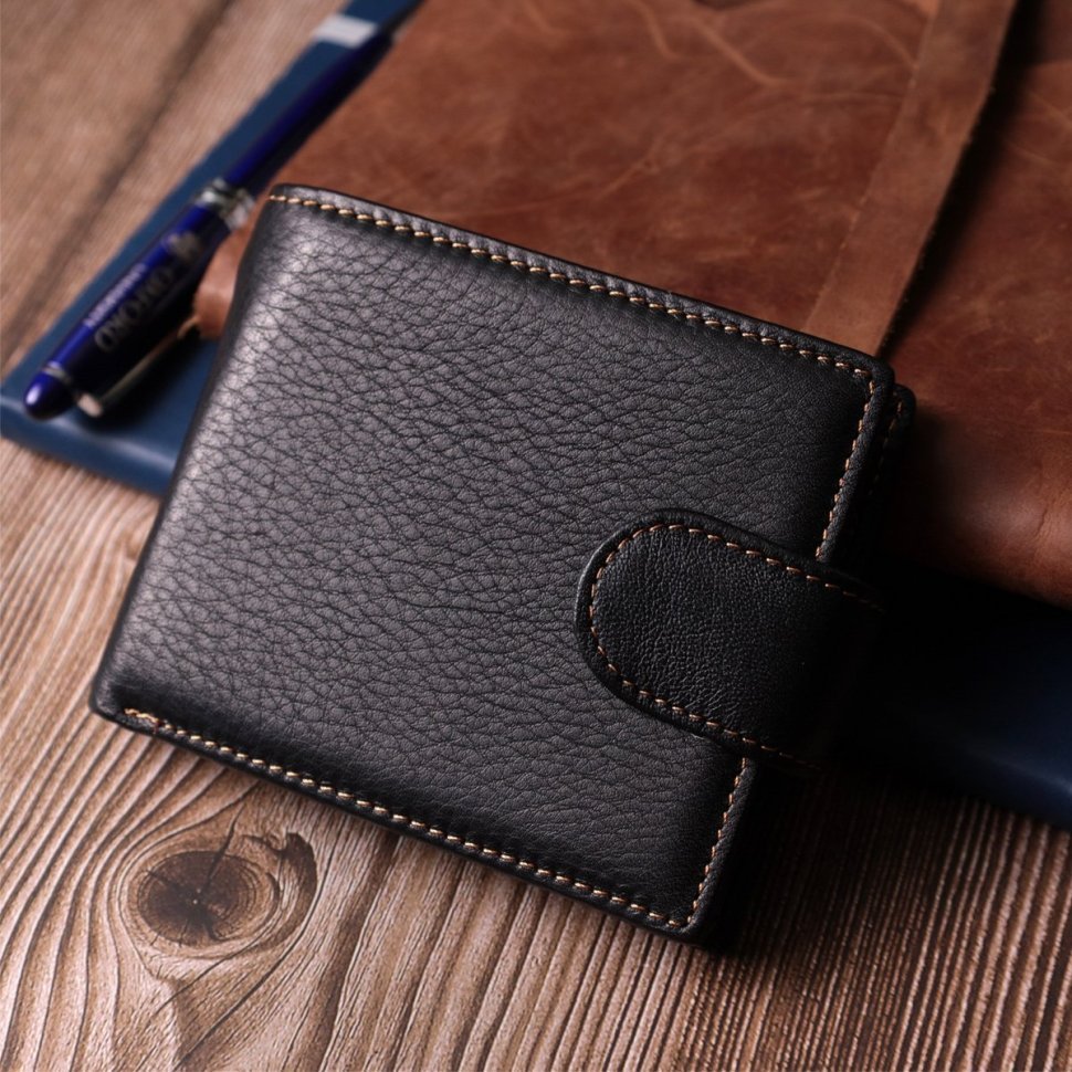 Компактне класичне чоловіче шкіряне портмоне чорного кольору на кнопці Vintage Style 91395 modnotak фото №8