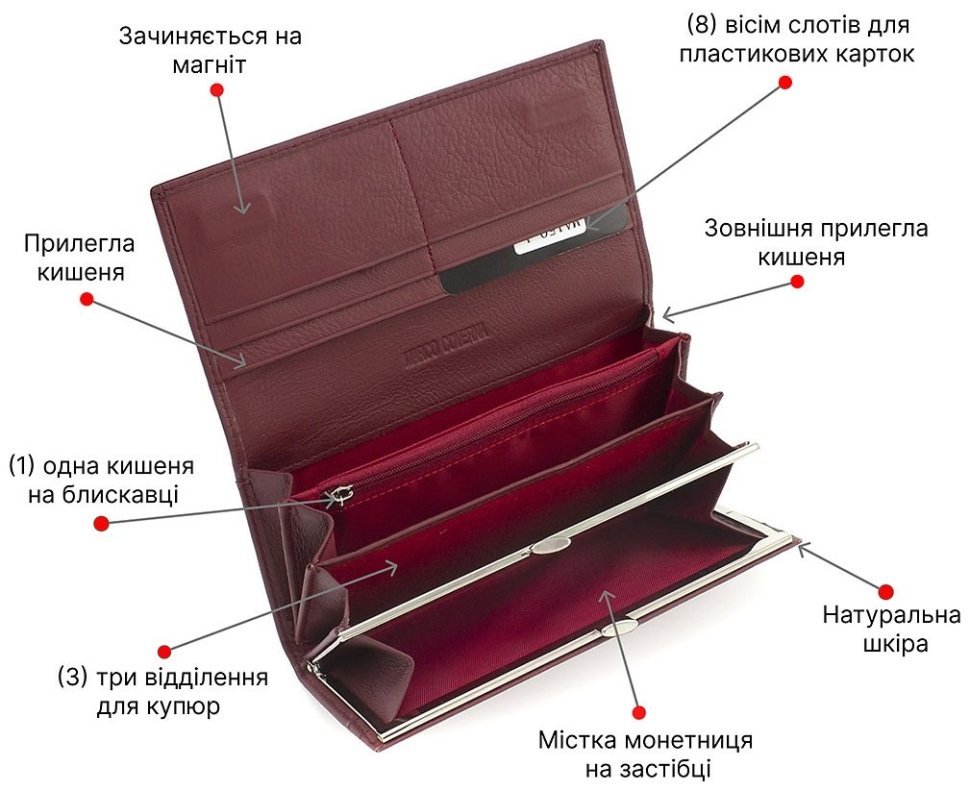 Великий бордовий жіночий гаманець із натуральної шкіри із клапаном на магнітах Marco Coverna (17978) modnotak фото №4