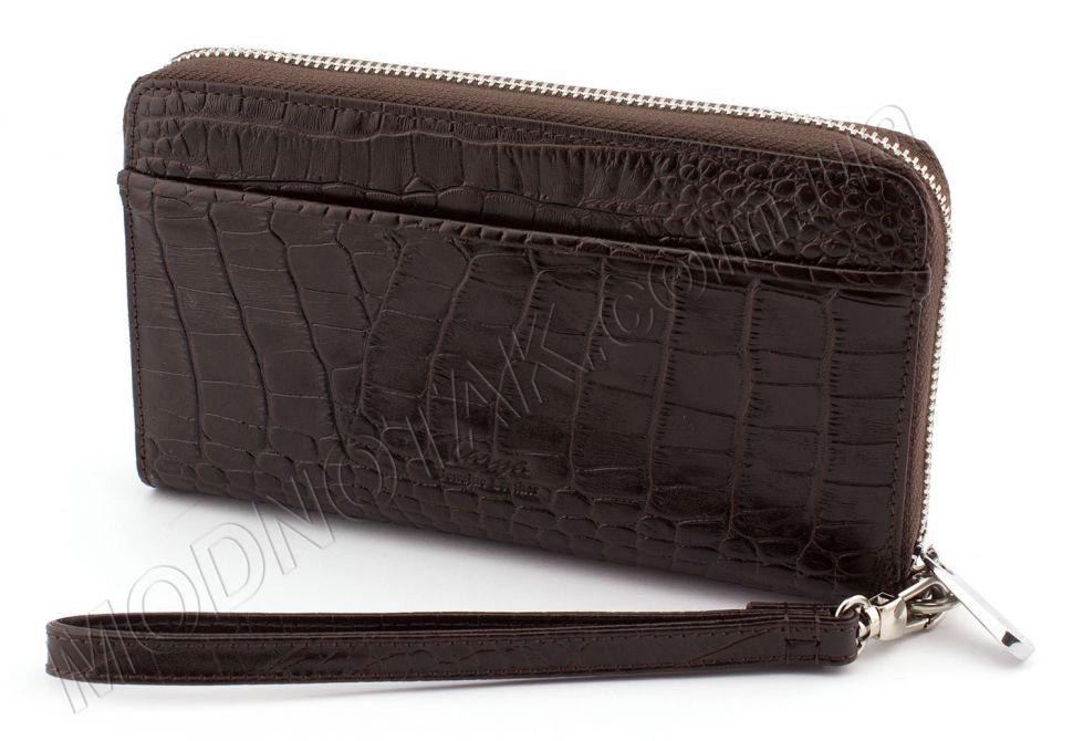 Солідний коричневий гаманець-клатч зі шкіри під крокодила - KARYA (17441)