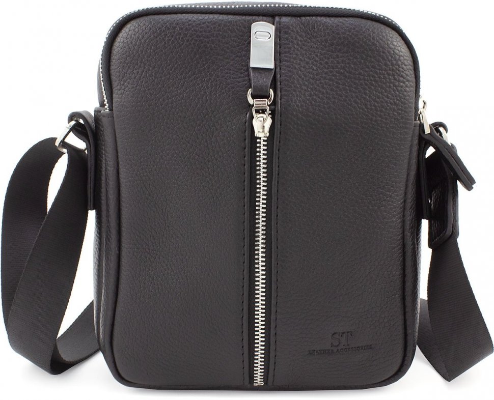 Вертикальная черная сумка из натуральной кожи с серебристой фурнитурой Leather Collection (11133)