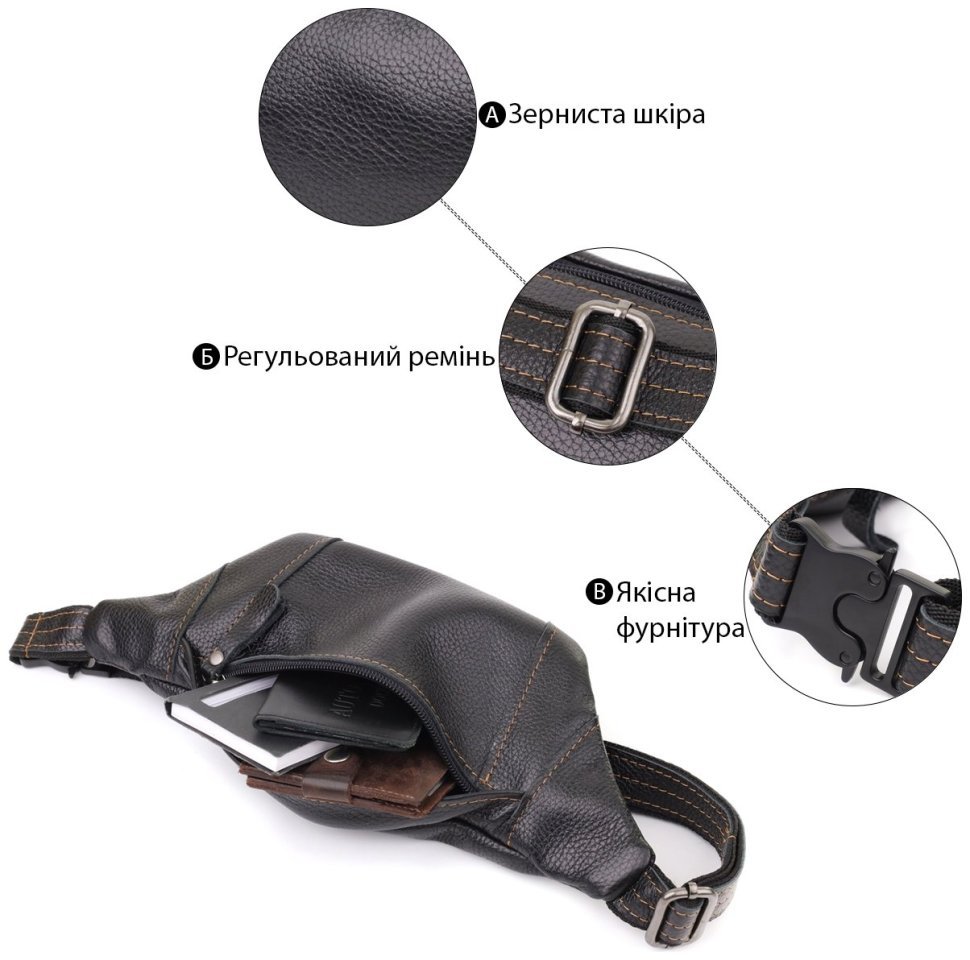 Мужская сумка-бананка из натуральной кожи флотар черного цвета Shvigel 95095 фото №4 Мужская сумка-бананка из натуральной кожи флотар черного цвета Shvigel 95095 modnotak фото №4