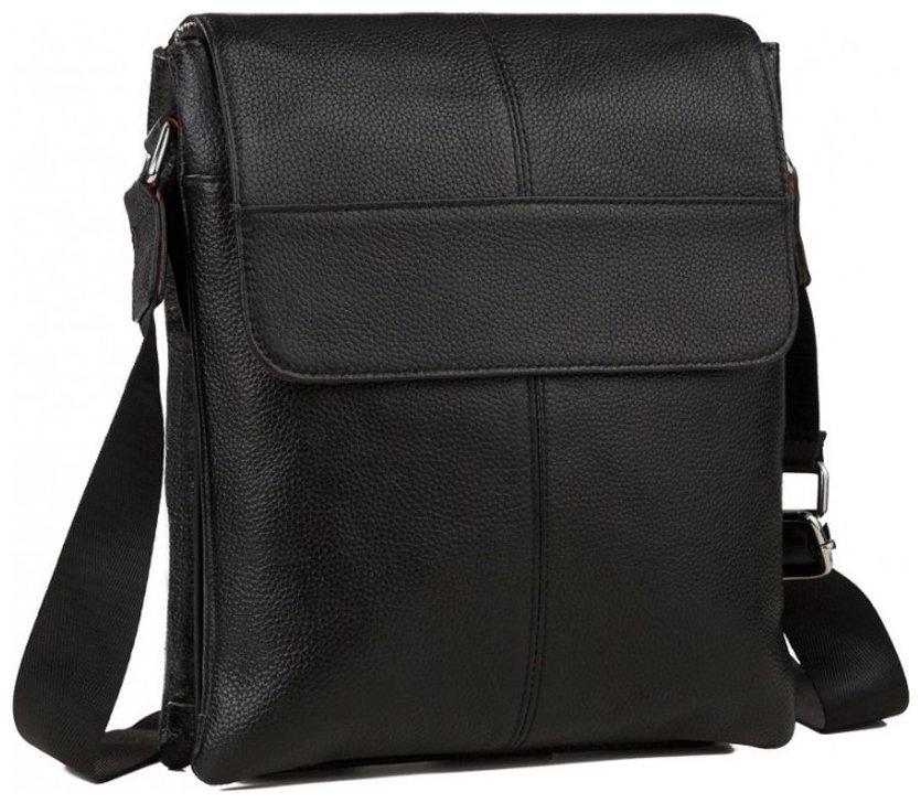 Чорна чоловіча вертикальна сумка через плече із фактурної шкіри Tiding Bag 77495