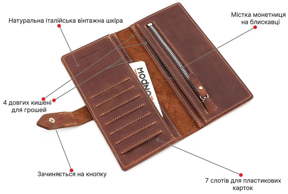 Винтажный купюрник вертикального типа из натуральной кожи крэйзи хорс Grande Pelle (13015) modnotak фото №4