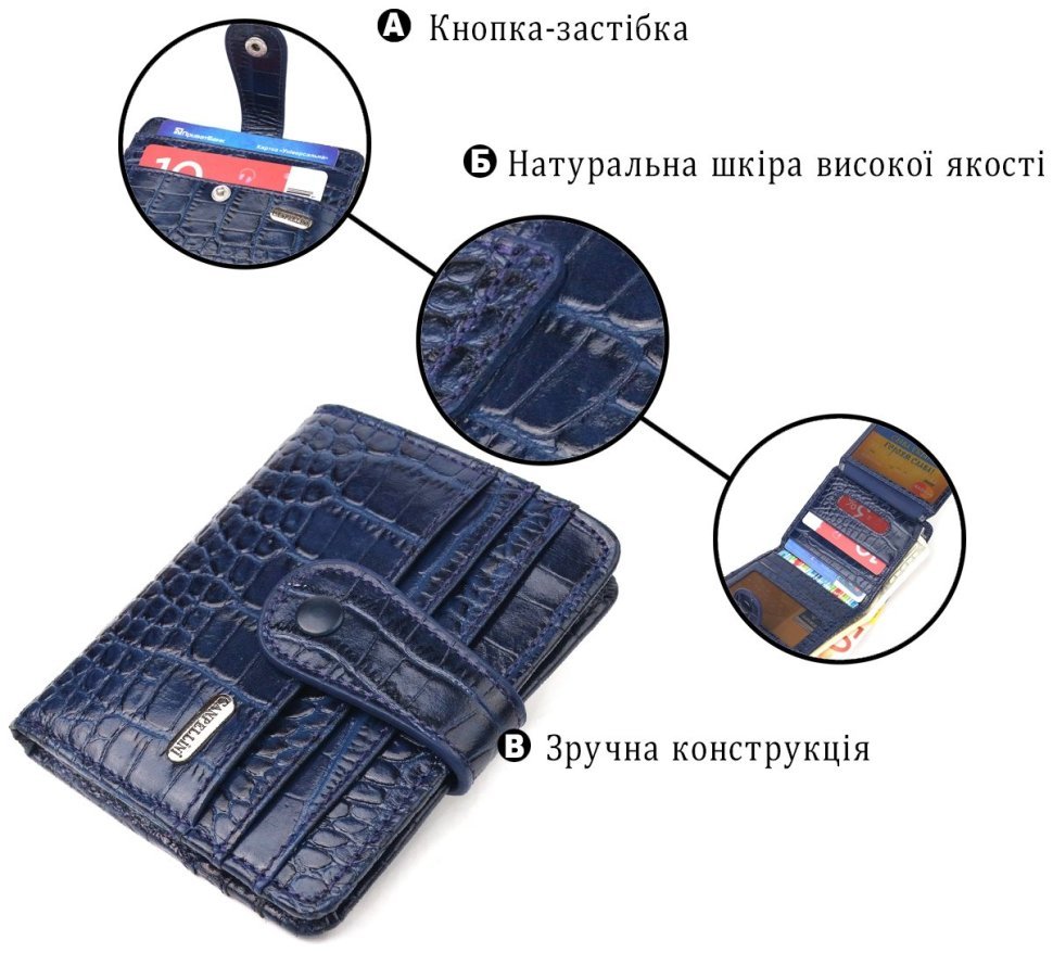 Синий кошелек из натуральной кожи с тиснением под крокодила CANPELLINI (2421687) modnotak фото №10