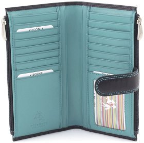Чорний жіночий купюрник з натуральної шкіри з бірюзовою строчкою Visconti 69095