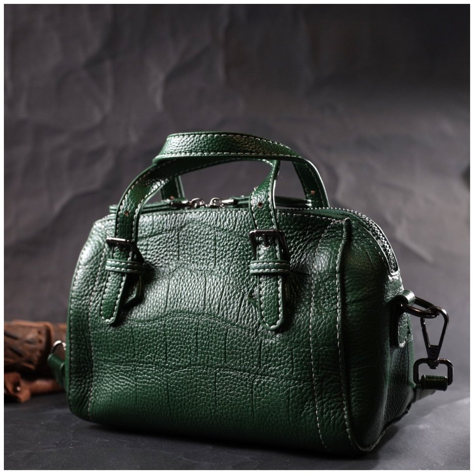 Маленька жіноча сумка з натуральної шкіри зеленого кольору з короткими ручками Vintage 2422359
