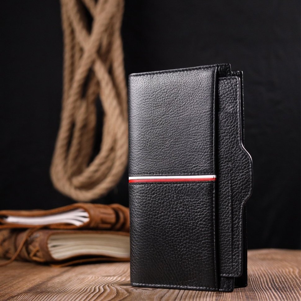 Місткий чоловічий гаманець-клатч із натуральної чорної шкіри високої якості KARYA (2421182)