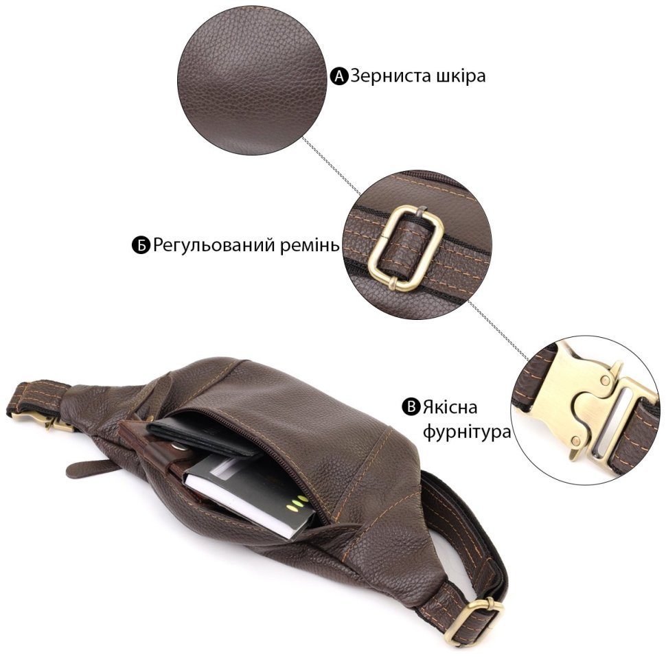 Мужская сумка-бананка из натуральной фактурной кожи коричневого цвета Shvigel 95096 modnotak фото №4