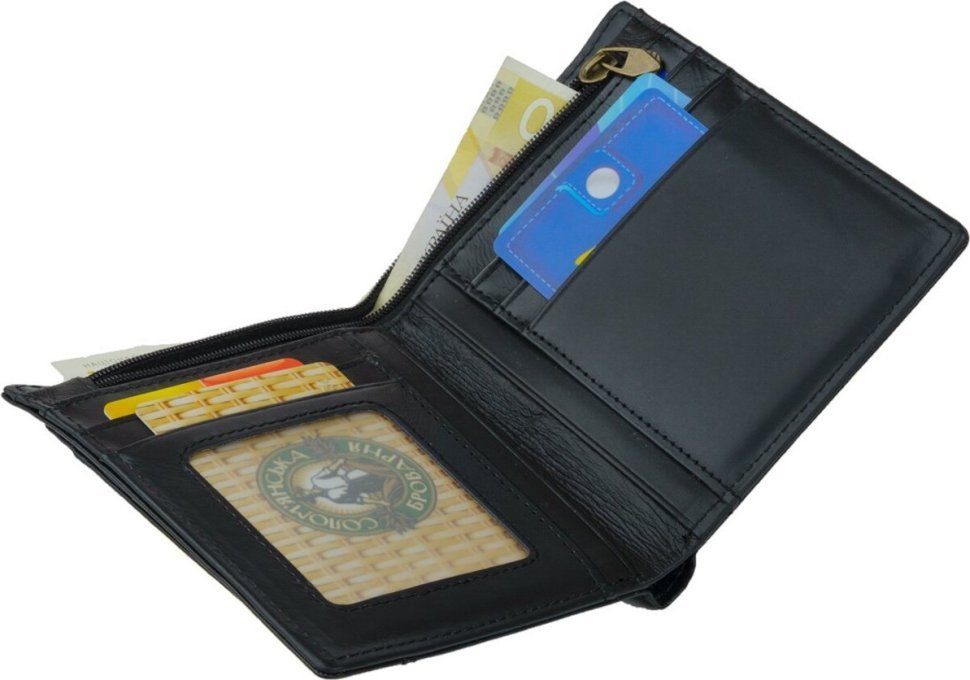 Класичне чоловіче портмоне з гладкої чорної шкіри під карти та документи Vintage (2414921)