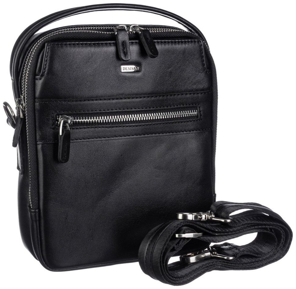 Мужская кожаная сумка-барсетка с ручкой и плечевым ремнем и DESISAN 107096 черная modnotak фото №4