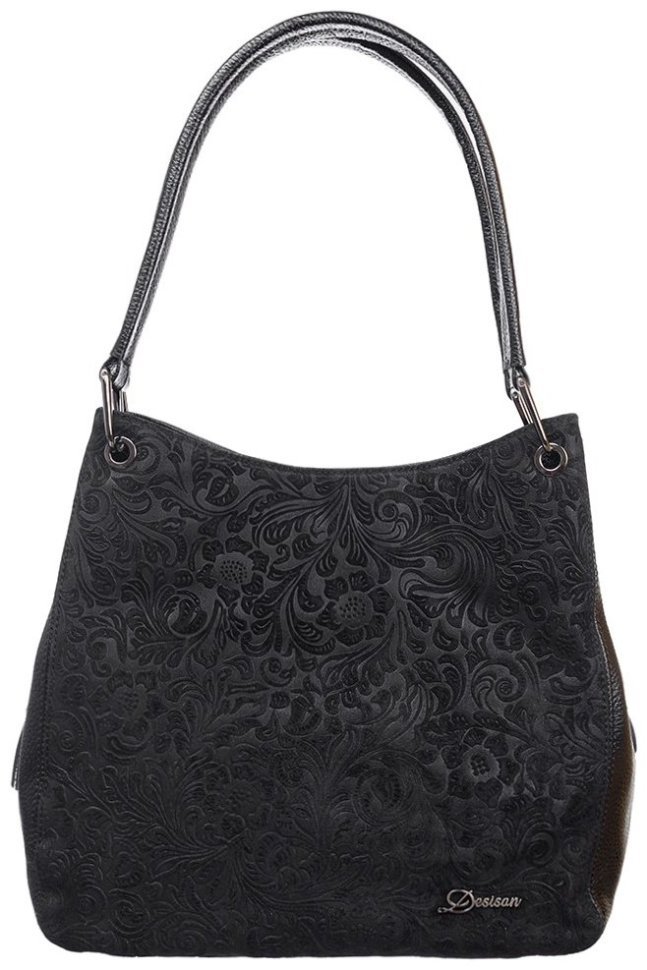 М'яка шкіряна жіноча сумка з візерунками квітів чорного кольору Desisan 107296 фото №1 М'яка шкіряна жіноча сумка з візерунками квітів чорного кольору Desisan 107296 modnotak фото №1