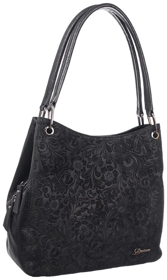 М'яка шкіряна жіноча сумка з візерунками квітів чорного кольору Desisan 107296 фото №3 М'яка шкіряна жіноча сумка з візерунками квітів чорного кольору Desisan 107296 modnotak фото №3