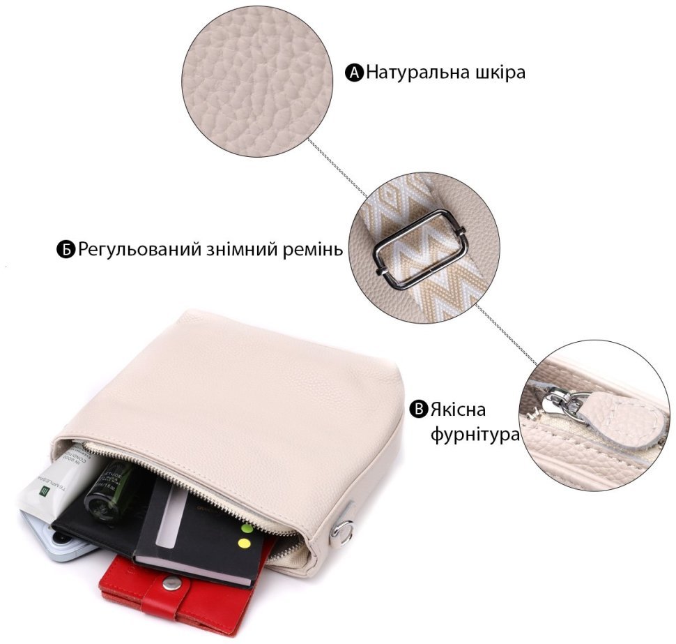 Повседневная женская сумка из фактурной кожи с текстильным плечевым ремешком Vintage 98196 белого цвета modnotak фото №4