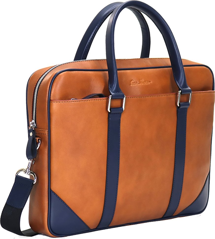 Шкіряна чоловіча сумка в синьо-рудому кольорі з відсіком під ноутбук Issa Hara (27034)