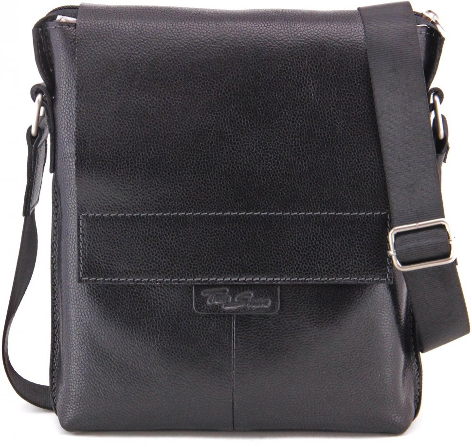 Мужская наплечная сумка-планшет из натуральной кожи черного цвета Tom Stone (10997)