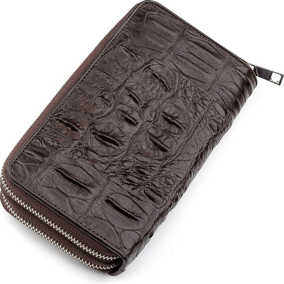 Добротний гаманець-клатч з крокодилової шкіри коричневого кольору CROCODILE LEATHER (024-18271)