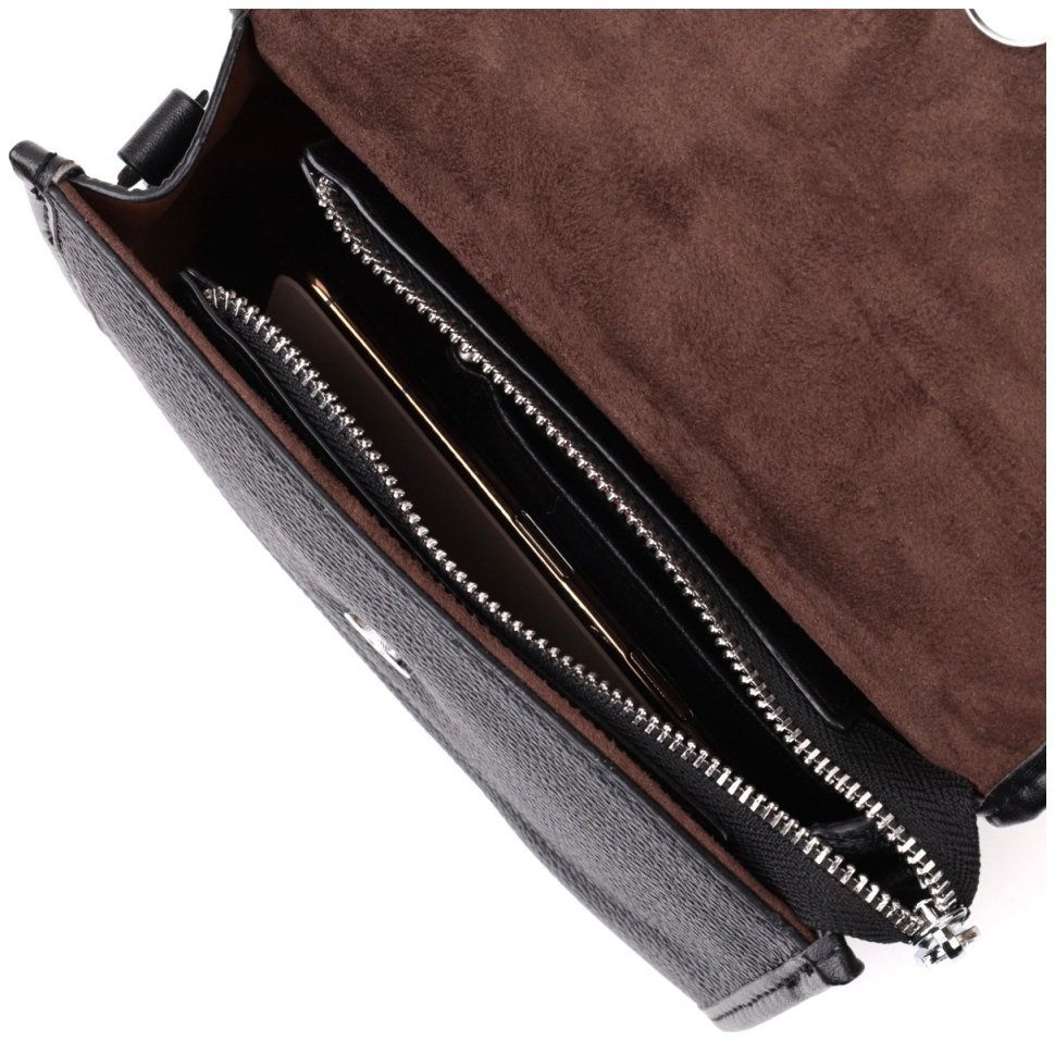 Стильная женская кожаная сумка черного цвета с длинным плечевым ремешком Vintage 2422259