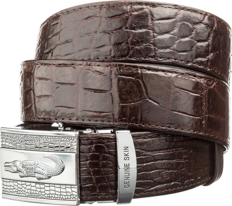 Коричневый ремень с пряжкой автомат из кожи крокодила CROCODILE LEATHER (024-18608) modnotak фото №1