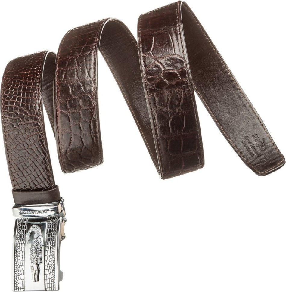 Коричневый ремень с пряжкой автомат из кожи крокодила CROCODILE LEATHER (024-18608) modnotak фото №3