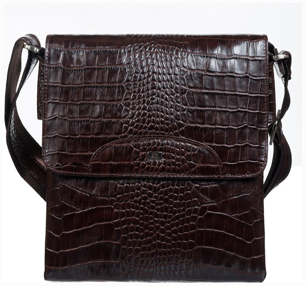 Плечевая мужская сумка из натуральной кожи под крокодила в коричневом цвете DESISAN 80597 modnotak фото №1