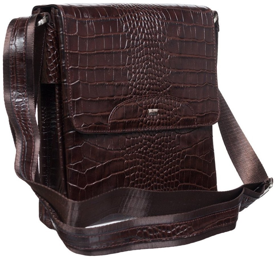 Плечевая мужская сумка из натуральной кожи под крокодила в коричневом цвете DESISAN 80597 modnotak фото №4