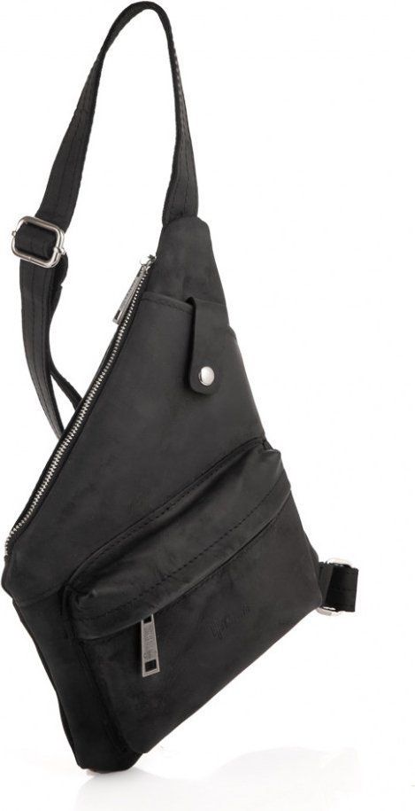Фірмовий рюкзак-слінг через плече із вінтажної шкіри чорного кольору TARWA (19889)