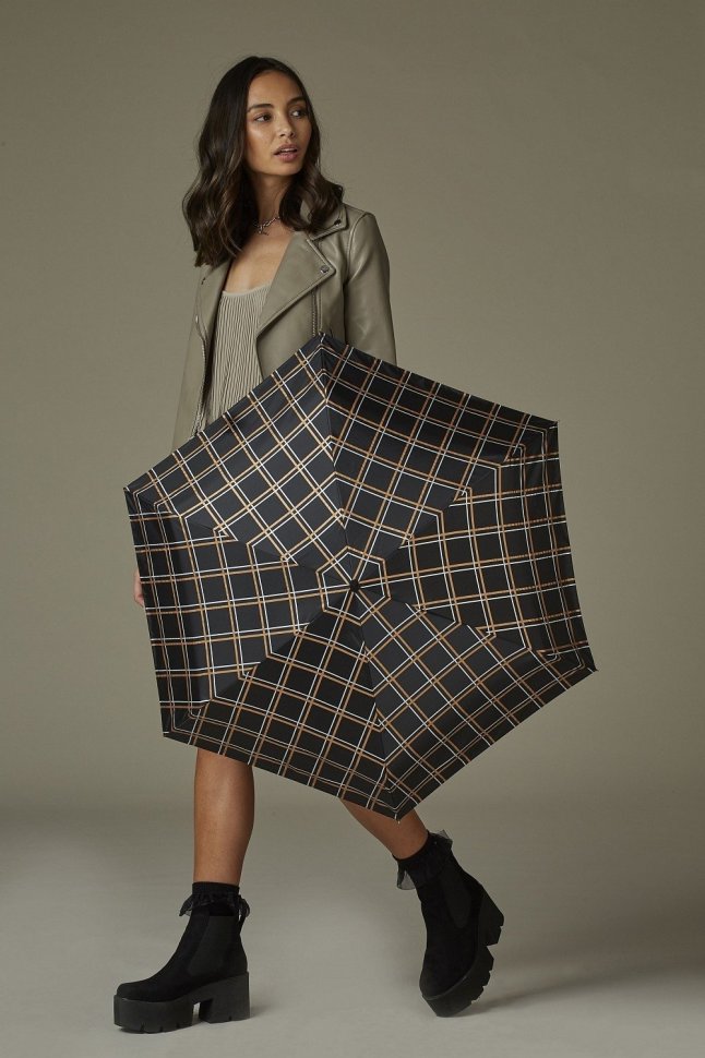 Мини зонт женский Fulton Tiny-2 L501 Golden Check (Механика, складной, черный в клетку) 93897 modnotak фото №10