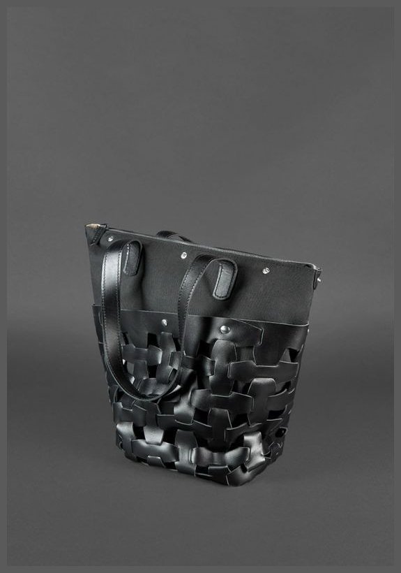 Угольно-черная повседневная сумка из плетеной кожи черного цвета BlankNote Пазл L (12769)
