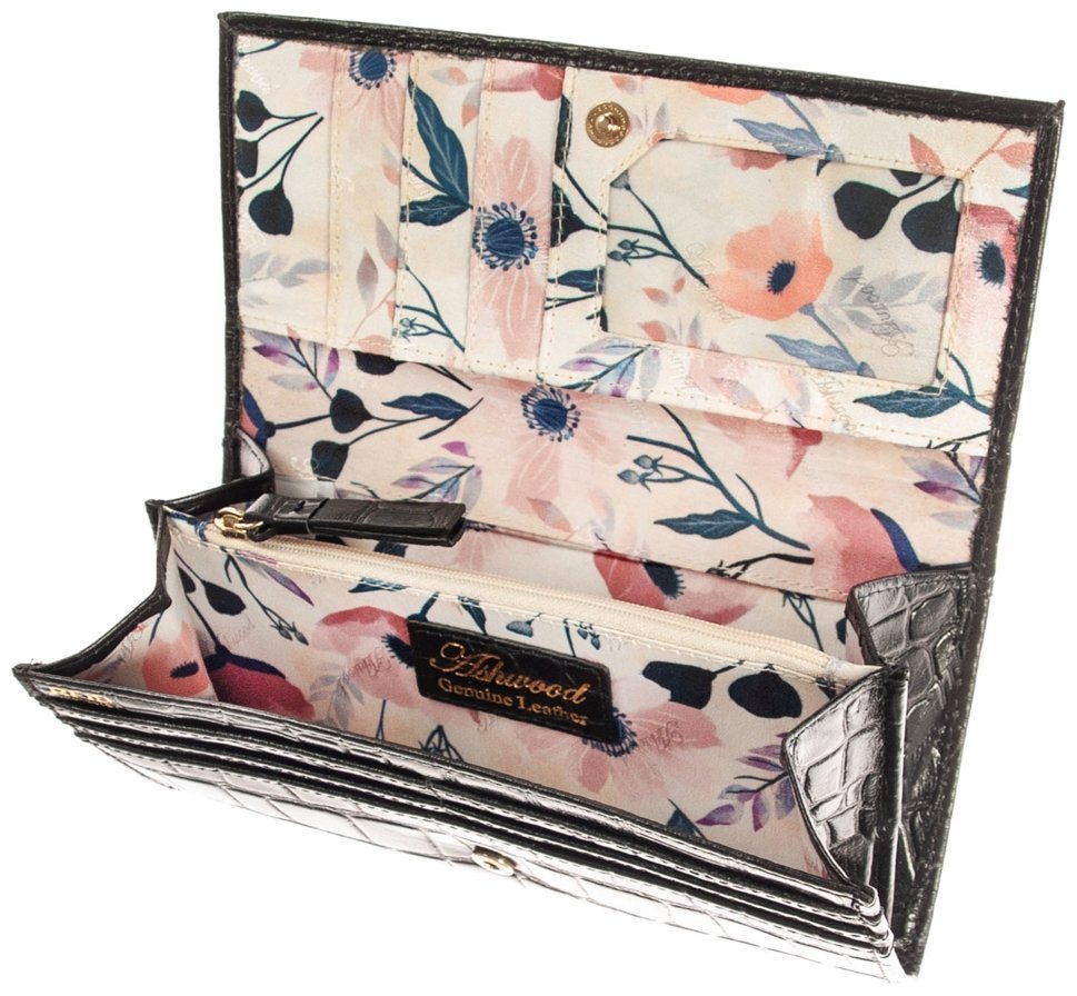 Класичний шкіряний жіночий гаманець з тисненням під рептилію на кнопці Ashwood C05 94197 modnotak фото №4