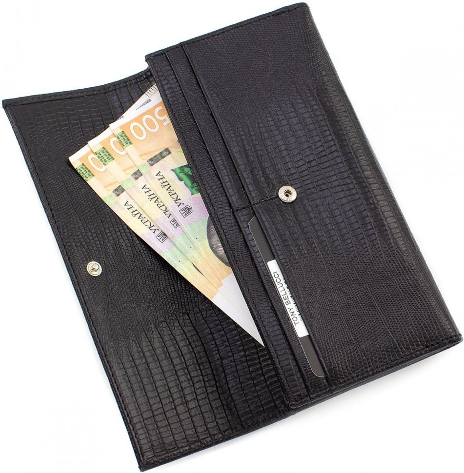 Чорний гаманець з італійської шкіри з двома відділеннями на кнопках Tony Bellucci (10817)