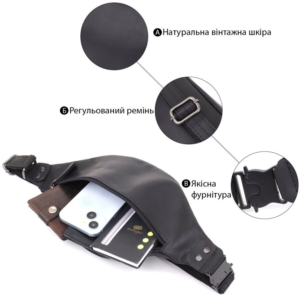 Качественная мужская сумка-бананка из винтажной кожи чёрного цвета Shvigel 95097 modnotak фото №4