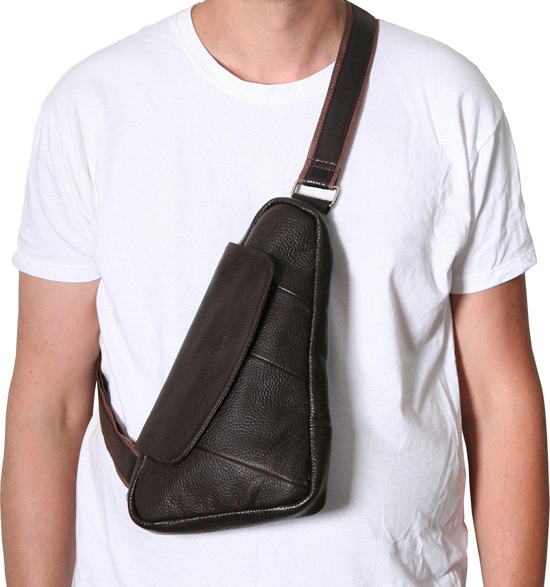 Коричневая мужская сумка-слинг из натуральной кожи с ярко-выраженной фактурой Vip Collection (21082)