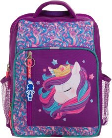 Школьный текстильный рюкзак фиолетового цвета с единорогом Bagland 55697