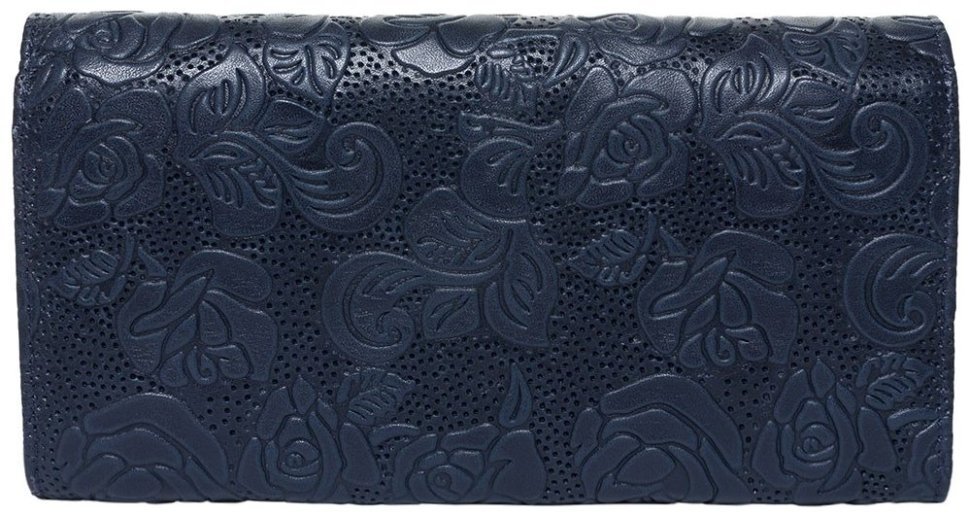 Большой женский кошелек синего цвета из натуральной кожи с тиснением цветов Desisan 106797 на кнопке modnotak фото №2