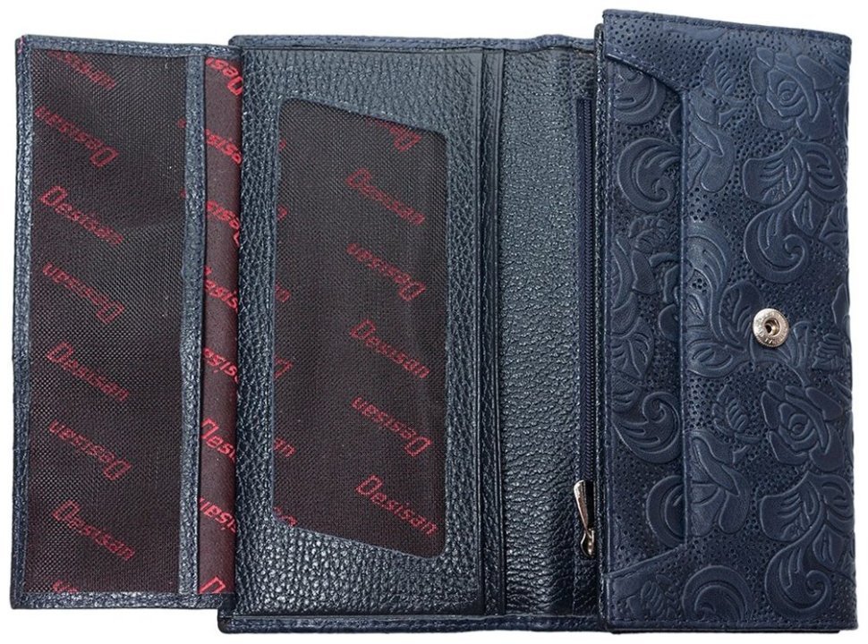 Большой женский кошелек синего цвета из натуральной кожи с тиснением цветов Desisan 106797 на кнопке modnotak фото №3